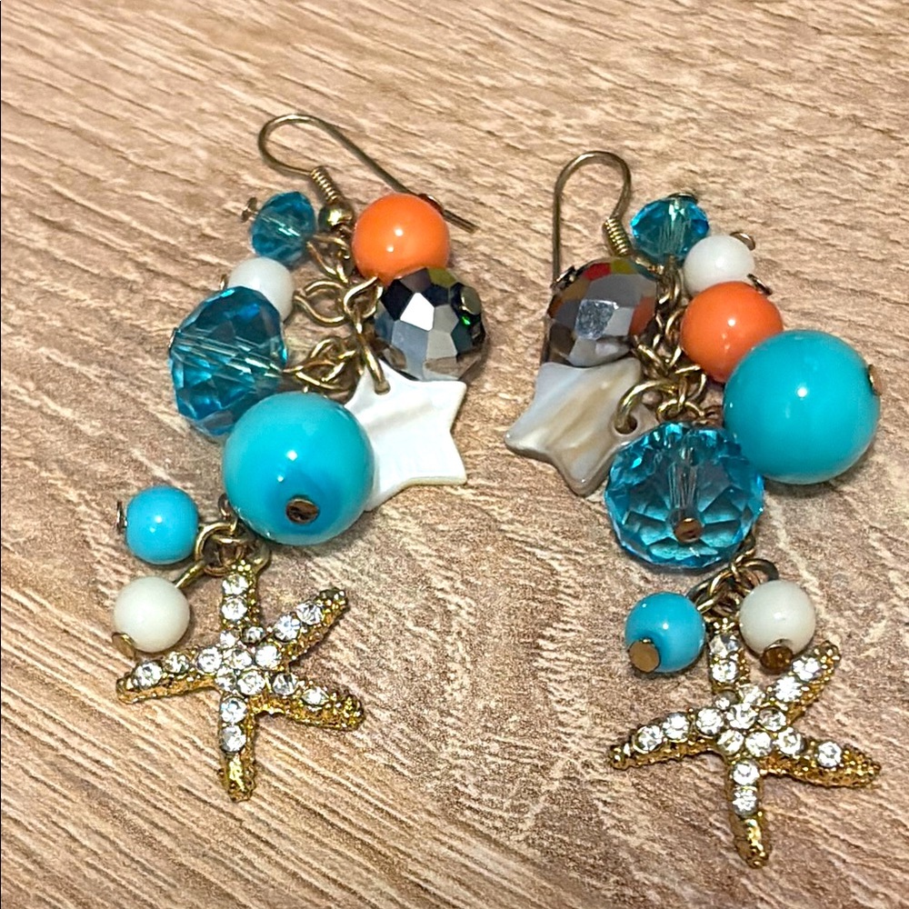 Starfish Charm Earrings with Turquoise and Orange Beads
